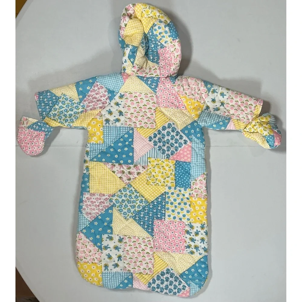 VTG 70s Patchwork Quilted Baby Bunting Snowsuit Hood Pastel Floral Gingham Blue